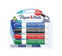 Paper Mate - 4 Marqueurs tableau blanc effaçable - Noir, Bleu, Vert, Rouge - Pointe ogive - sous blister Assortiment G
