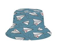 Paper Plane Love Hearts Valentine on Dark Blue Denim Bucket Hat Fisherman Hat Travel Beach Sun Hat Cap