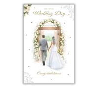 Paper Rose Carte de jour de mariage - Élégant marié avec motif floral arche de roses - Finition aluminium - Carte de félicitations de mariage pour un couple spécial