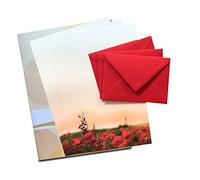 Paper24 Lot de 10 feuilles de papier à lettre naturel avec enveloppes, format A4 et enveloppes au format C6, avec porte-cadeau, idéal pour Noël, un anniversaire (papier naturel coquelicot + C610)