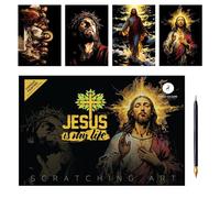 Papier À Gratter, Peinture À Gratter Colorée De Jésus - 1 Ensemble De Peinture Artistique Créative, 4 Grandes Rayures Pour Adultes, 27,9 X 40,6 Cm, Papier À Gratters Jésus Avec Stylo, Cadeau Chrétien