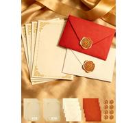 Papier A Lettre avec Enveloppe, 36 Pièces L'ensemble Papeterie avec 20 Papier Kraft A5 Vintage, 8 Enveloppes & Sceau Cire Autocollants, pour Love Letter Mariages Invitations Anniversaire Carte Voeux