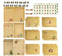 Papier à Lettre de Noël avec Enveloppes - Lot de 12 Lettres au Père Noël en Papier Kraft Vintage - Ficelle, Autocollants et Accessoires Métalliques Inclus