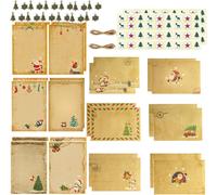 Papier À Lettre De Noël Avec Enveloppes - Lot De 12 Lettres Au Père Noël En Papier Kraft Vintage - Ficelle, Autocollants Et Accessoires Métalliques Inclus