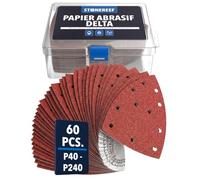 Papier abrasif ponceuse triangulaire 105x152 mm 60 feuilles P40-P240 | 60 feuilles en 6 grains de P40 à P240 et fixation auto-agrippante: du décapage au ponçage de finition sans rachat
