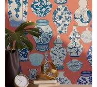 Papier Adhesif pour Meuble Vase Bleu Orange Revetement Adhesif Meuble Imperméable Vinyle Cuisine Porte Salon Chambre Mur Décoration Papier Peint Autocollant 38.6x480.6 cm