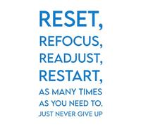 Papier adhésif pour stickers muraux Réinitialisez, recalibrez, recommencez autant de fois que nécessaire et n'abandonnez jamais. 57.6x94.9cm Embellissement mural Bleu