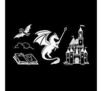 Papier adhésif pour stickers muraux silhouettes d'icônes plates représentant des créatures fantastiques, des dragons magiques, des licornes et des châteaux. 54.4x101.4cm Décoration artistique Blanc