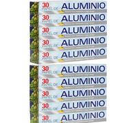 Papier aluminium alimentaire 300m. Pack de 10 rouleaux = 300 mètres. Aluminium domestique 30 mètres pour cuisine. Feuille d'aluminium 300 mètres en 10. Feuille d'aluminium de cuisine de haute qualité.