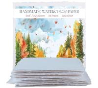 Papier aquarelle épais fait à la main avec bord décalé - 300 g/m² - Papier texturé blanc de qualité supérieure fabriqué avec du coton recyclé - 15 feuilles mobiles - 20,3 x 20,3 cm