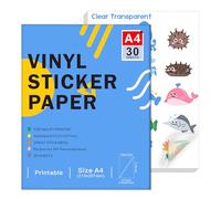 Papier autocollant en vinyle transparent imprimable pour imprimante à jet d'encre - Format A4 (297 x 210 mm), imperméable et auto-adhésif compatible avec Cricut, couleurs vives (30 feuilles)