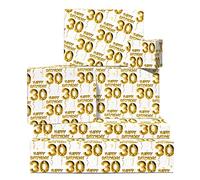 Papier cadeau 30e anniversaire - 6 feuilles de papier cadeau - 30 ans - Blanc doré - Papier cadeau pour homme - Cadeau d'anniversaire pour femme - Livré avec des autocollants - Par Central 23