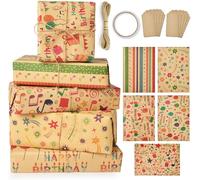 Papier Cadeau,5pcs Papier D'emballage Cadeau Kraft Anniversaire 70x50cm Avec 10 Étiquettes+Ruban Adhésif Double Face+10m Corde De Paille Pour Femme Fille Homme Garcon Enfant.[F16]