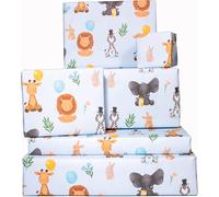 Papier Cadeau Animaux Mignons Pour Enfants - Papier Cadeau Bébé Animaux Pour Garçons - 6 Feuilles De Papier Cadeau Amusant Pour Anniversaire - Bleu Bébé - Éléphant Zèbre Lion Lapin