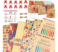 Papier Cadeau Anniversaire d'emballage avec Étiqueter et Ficelle Kraft Recyclable Papier Cadeau Feuille Wrapping Paper Happy Birthday Enfant Garçon Fille Femme Homme