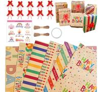 Papier Cadeau Anniversaire d'emballage avec Étiqueter et Ficelle Kraft Recyclable Papier Cadeau Feuille Wrapping Paper Happy Birthday Enfant Garçon Fille Femme Homme