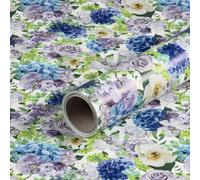 Papier cadeau avec des fleurs en bleu et lavande, papier anniversaire, 0,70 x 10 m