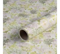 Papier cadeau avec fleurs, blanc et vert, papier anniversaire, 0,70 x 10 m