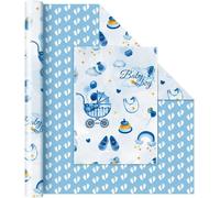 Papier Cadeau Bébé Garçon-1 Rouleau Papier Cadeau D'anniversaire Garçon Baby Shower D'enfants Empreintes Pas Réversibles Bleues Fournitures Cadeaux Fête D'anniversaire Nouveau-Né 43cm X 10m