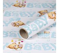 Papier cadeau bleu clair avec nounours, anniversaire d'enfant, fête de bébé, 0,70 x 10 m