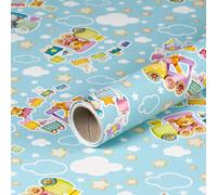 Papier cadeau bleu clair avec train, papier anniversaire pour enfants, 0,70 x 10 m
