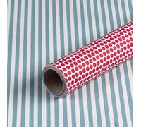 Papier cadeau bleu clair rayé et rouge à pois, lisse, 0,7 x 10 m