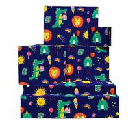 Papier cadeau bleu marine - 6 feuilles de papier cadeau anniversaire pour enfant garçon fille - Animaux de fête et griffonnages - Crocodile Grenouille Lion - Recyclable - Par Central 23