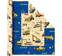 Papier cadeau Construction-1 rouleau 43 cm x 10 m,découpeur double face pour emballage cadeau,anniversaires de garçons,décorations de fêtes,véhicule de construction bleu,recto verso