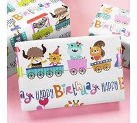 Papier cadeau d'anniversaire pour enfants, filles, garçons, dessin animé, motif train d'animaux, papier cadeau pour anniversaire et fête prénatale, 4 feuilles pliées à plat 50 x 70 cm par feuille