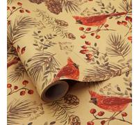 Papier Cadeau de Noël Kraft Marron avec Oiseaux Cardinaux de la Forêt d'hiver, Baies des Bois, Pommes de Pin - 1 Mini Rouleau 43x300 cm, Pour Solstice d'hiver, Noël, Mariages, Anniversaires, Fêtes