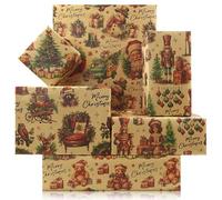 Papier cadeau de Noël rétro en kraft Boerni, 4 feuilles de papier cadeau plié pour Noël avec motifs de casseur de noix, père Noël, hibou, élan, ours, camion, bonhomme de neige pour anniversaire, baby
