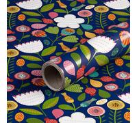 Papier cadeau fleurs avec champs de salutations, bleu, lisse, 0,7 x 10 m