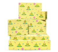 Papier cadeau grenouille - 6 feuilles de papier cadeau jaune - Grenouilles avec nœud, chapeau de fête, ballon - Pour filles, femmes et enfants - Recyclable - Par Central 23