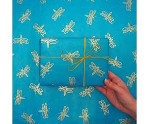 Papier cadeau libellule Lokta - Fait à la main et issu du commerce équitable - Source responsable, respectueux de l'environnement et teint naturellement (turquoise)
