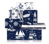 Papier cadeau marin océan, ancre nautique, corde, poisson, mouette, bateau, phare, bleu, 50 x 70 cm, 6 feuilles pliées avec 1 rouleau de ruban bleu, pour anniversaire, vacances, mariage