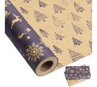 Papier Cadeau Noël Rouleau 43cm X 10m ,Emballage Cadeau Noël Kraft Brun Et Bleu ,Papier Cadeau Rouleau Bilatéral Flocons De Neige Arbre Pour Enfant ,Homme ,Nouvel An ,Hivers ,Fêtes