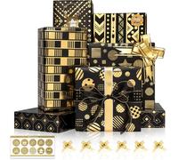 Papier Cadeau Noir Et Or Métallisé Brillant, 6 Feuilles Papier D'emballage Cadeau Luxe Avec 6 N?Uds À Tirer Et Autocollants, Lot Papier Cadeaux Pour Anniversaire, Noël, Vacances, 70x50cm