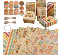 Papier Cadeau Papier Anniversaire D'emballage Avec Étiqueter Et Ficelle Papier Cadeau Kraft Recyclable Papier Emballage Cadeau Pour Enfant Bébé Fille Garcon Femme Homme