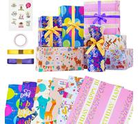 Papier Cadeau Papier Cadeau Enfant Avec Autocollants Et Ruban Papier Anniversaire D'emballage Colorés Emballage Cadeau Pour Bebe Enfant Fille Garcon