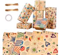 Papier Cadeau Papier Emballage Cadeau Avec Autocollants Et Ficelle Papier Cadeau Kraft Colorés Recyclable Pour Anniversaire Fête Noël Saint-Valentin Mariage