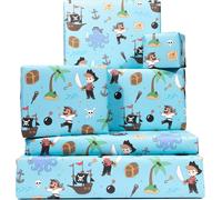 Papier Cadeau Pirate - 6 Feuilles De Papier Cadeau Cool Pour Enfants - Pirates Treasure Ship Island - Pour Garçons Filles - Fils Neveu Petit-Fils - Bleu - Recyclable