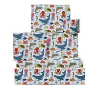 Papier Cadeau Poisson - Créatures Sous-Marines - 6 Feuilles Pour Enfants, Garçons, Filles - Tortues, Baleines, Requins - Pour Anniversaire, Noël, Baby Shower - Étiquettes Incluses - Recyclable