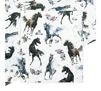 Papier cadeau pour filles et garçons, chevaux au galop et imprimé floral sur le papier d'art blanc pour fête à thème course de chevaux, anniversaire, mariage, emballage cadeau plié plat cowboy et