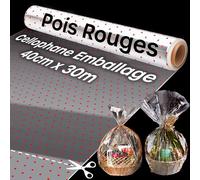 Papier Cadeau Transparent à Pois Rouge - Pack de 1 (40cm x 30m) Papier Cadeau Transparent Cadeaux pour Noël et Fêtes, Idéal pour Panier Cadeau & Papier Fleuriste