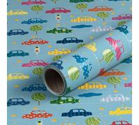 Papier cadeau voitures, bleu, pour anniversaire d'enfant, lisse, 0,70 x 10 m