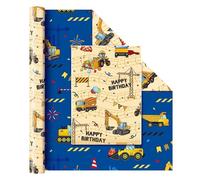 Papier cadeau WERNNSAI Construction - 1 rouleau 43 cm x 10 m, découpeur double face pour emballage cadeau, anniversaires de garçons, décorations de fêtes, véhicule de construction bleu, recto verso