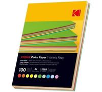 Papier coloré KODAK - Pack de 100 feuilles de papier coloré - Format 21 x 29.7 cm (A4) - 10 couleurs disponibles (10 feuilles par couleur) - 80 g/m² - Compatible avec toutes les imprimantes à jet d'en