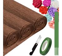 Papier Crépon, 25 x 245 cm 3 Rouleau Papier Crépon avec 15 brindilles vertes, un couteau de bricolage, un rouleau de ruban adhésif de bricolage vert (Marron)