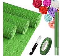 Papier Crépon, 25 x 245 cm 3 Rouleau Papier Crépon avec 15 brindilles vertes, un couteau de bricolage, un rouleau de ruban adhésif de bricolage vert (Vert militaire)