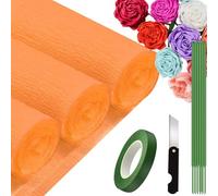 Papier Crépon, 25 x 245 cm 3 Rouleau Papier Crépon avec 15 brindilles vertes, un couteau de bricolage, un rouleau de ruban adhésif de bricolage vert (Orange)